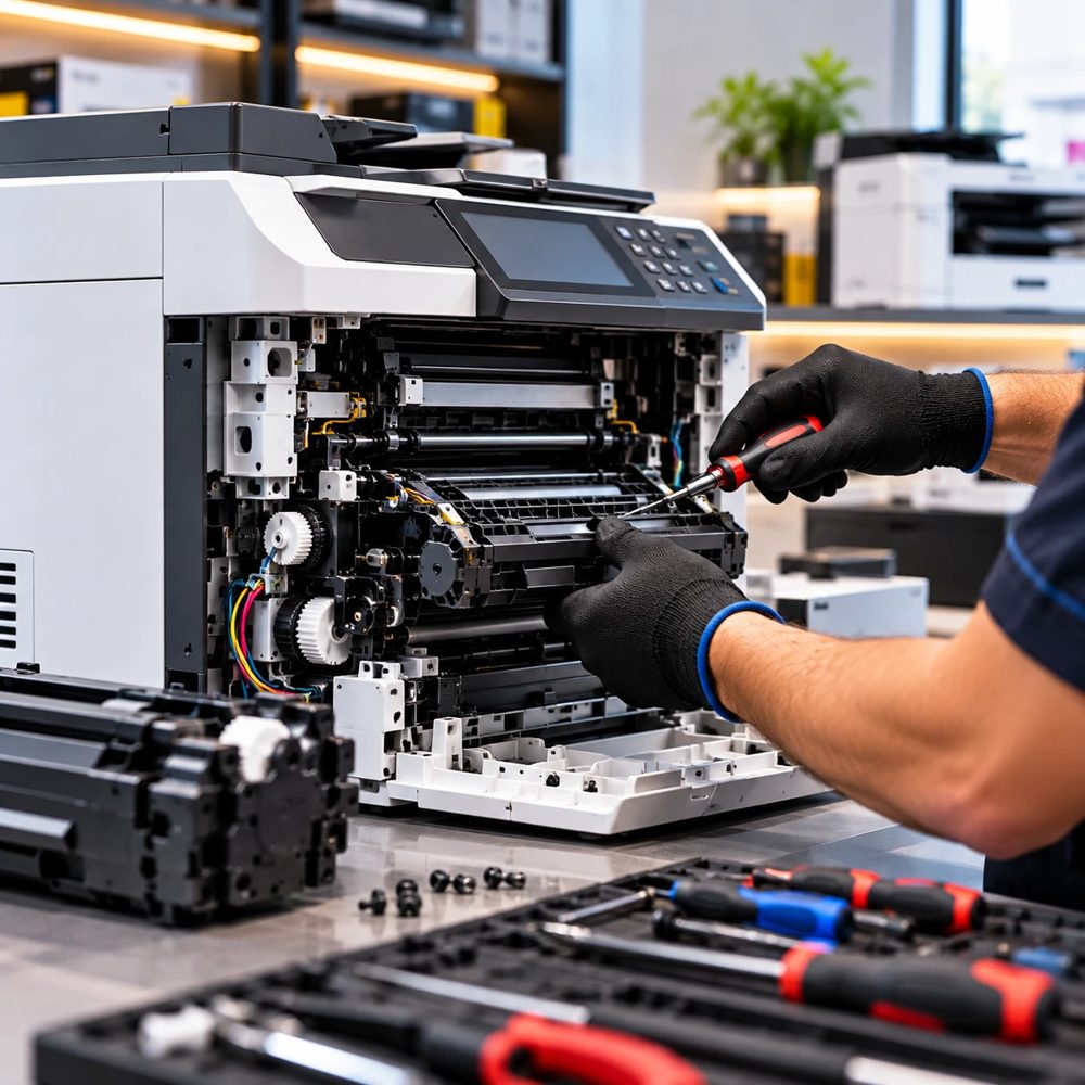 Técnico consertando uma impressora multifuncional aberta na bancada