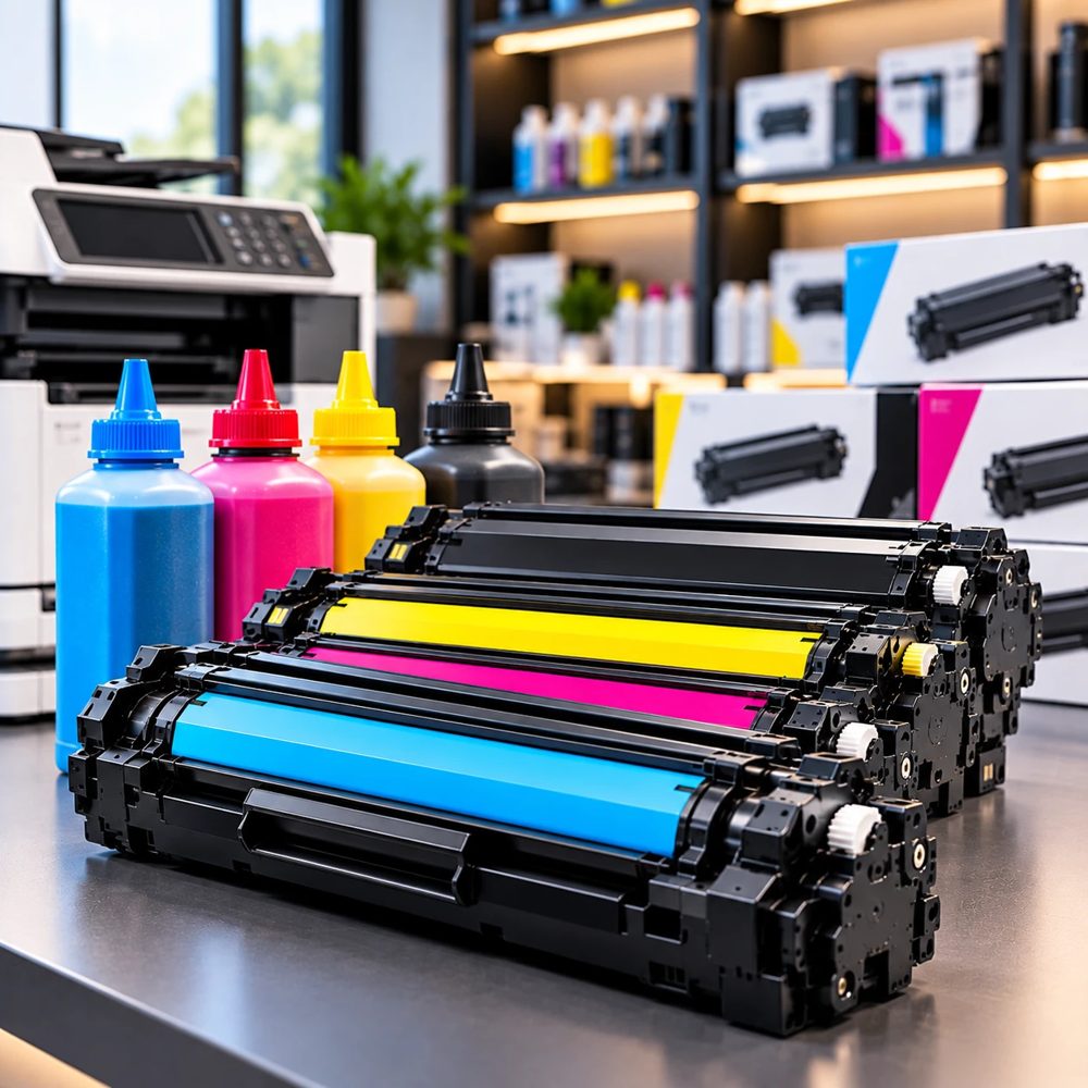 Toners coloridos e frascos de pó para recarga de toner
